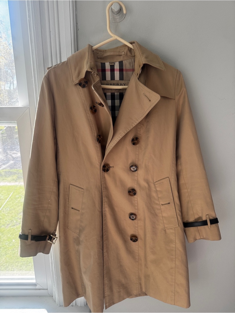 Burberry Tan Double-Breasted Trench Coat with Check Lining